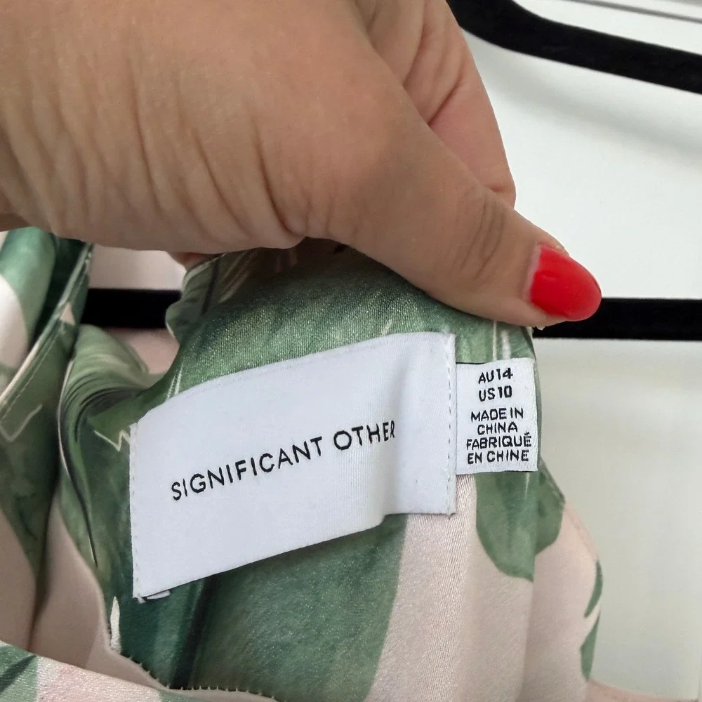 Significant Other $329 Pink Green Tropical Leaf‎ One Shoulder Maxi Dress US 10